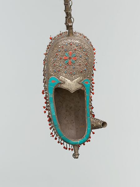 Drinking Bowl Shaped as a Begging Bowl, Silver; fire gilded, with applied and stamped decoration, inset carnelians and turquoises, and carnelian, turquoise and coral beads