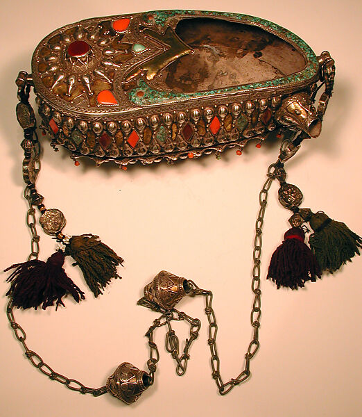 Begging Bowl, Silver; fire-gilded with applied silver chain decoration, carnelians and turquoises, and tassels.