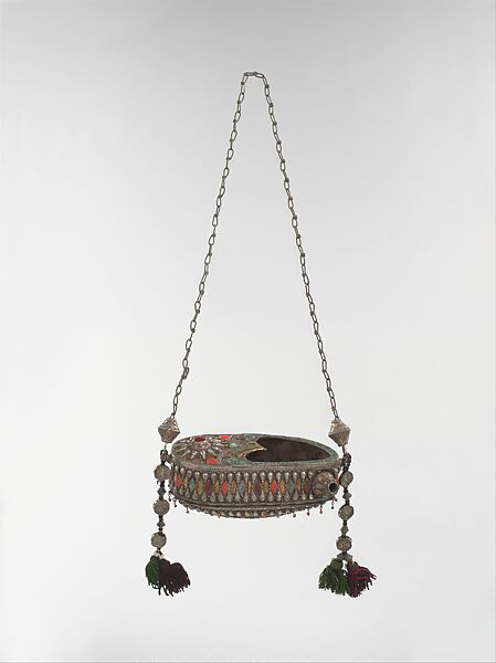 Begging Bowl, Silver; fire-gilded with applied silver chain decoration, carnelians and turquoises, and tassels.