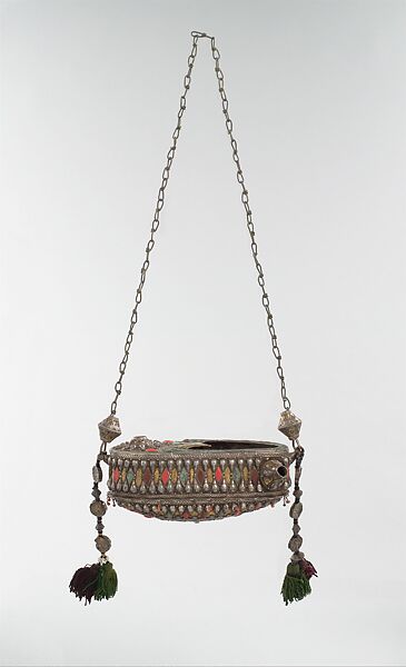 Begging Bowl, Silver; fire-gilded with applied silver chain decoration, carnelians and turquoises, and tassels. 
