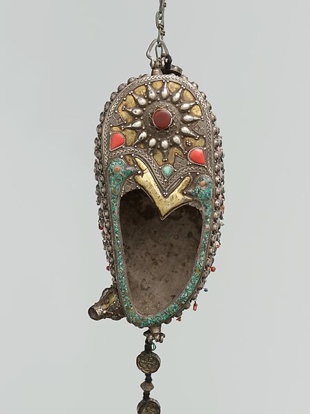 Begging Bowl, Silver; fire-gilded with applied silver chain decoration, carnelians and turquoises, and tassels.