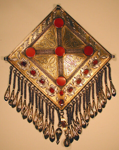Teke Pectoral Ornament, Silver; fire gilded and engraved/punched with openwork, gallery wire decoration, twisted silver wire chains and embossed pendants, and table-cut carnelians