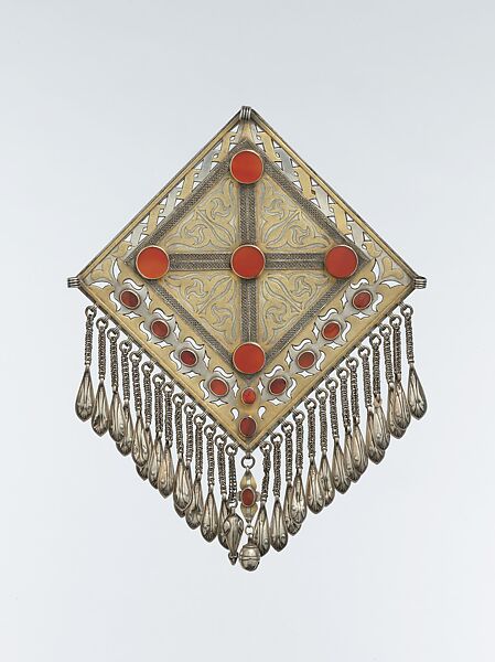 Teke Pectoral Ornament, Silver; fire gilded and engraved/punched with openwork, gallery wire decoration, twisted silver wire chains and embossed pendants, and table-cut carnelians 
