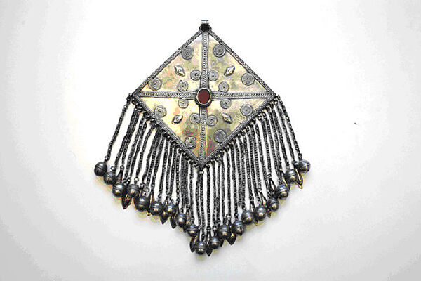 Pectoral Ornament, Silver; fire-gilded, with decorative wire, stamped beading, wire chains, bells, and table-cut carnelian