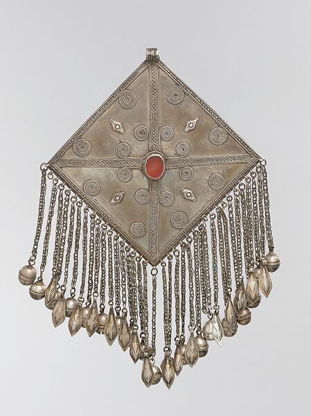 Pectoral Ornament, Silver; fire-gilded, with decorative wire, stamped beading, wire chains, bells, and table-cut carnelian 