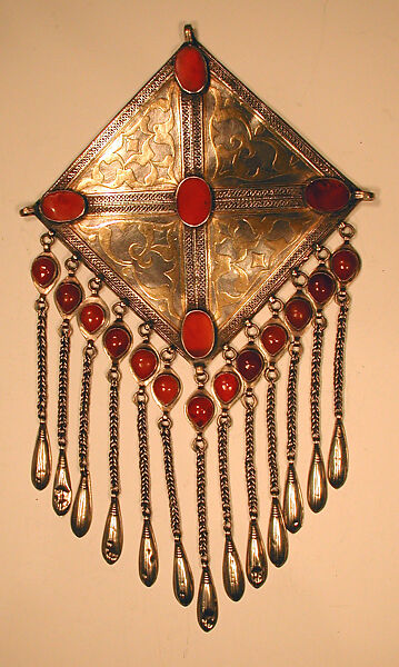 Teke Pectoral Ornament, Silver; fire gilded and engraved/punched with gallery wire, twisted wire chains, and embossed pendants and cabochon carnelians