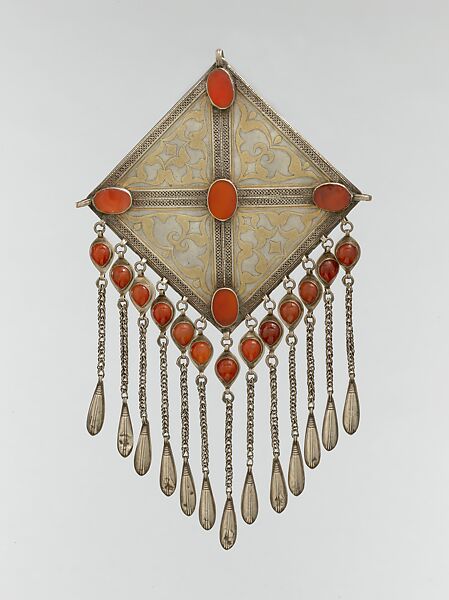 Teke Pectoral Ornament, Silver; fire gilded and engraved/punched with gallery wire, twisted wire chains, and embossed pendants and cabochon carnelians 