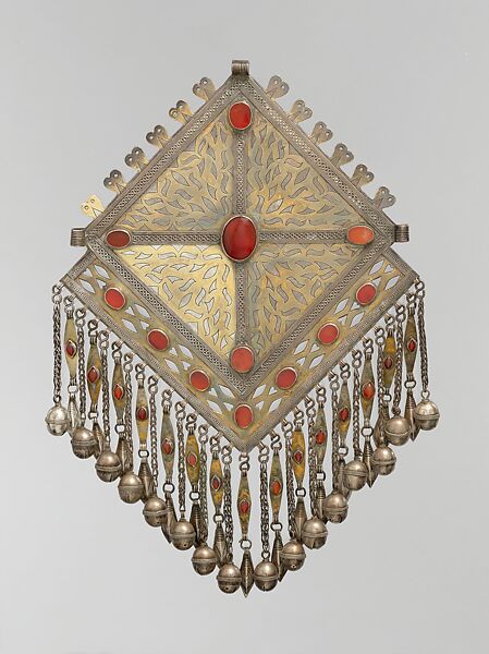 Lozenge-Shaped Pectoral Ornament, Silver; fire-gilded and chased, with openwork, decorative wire, wire chains and pendants with applied decoration, embossed decoration, bells, and table cut carnelians 