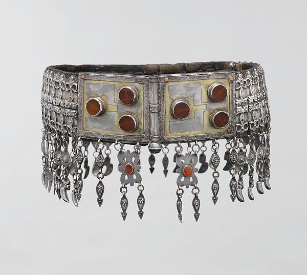 Woman's Belt, Silver, fire-gilded and chased, with decorative silver wire, applied decoration, pendants, and table-cut carnelians; mounted on leather 