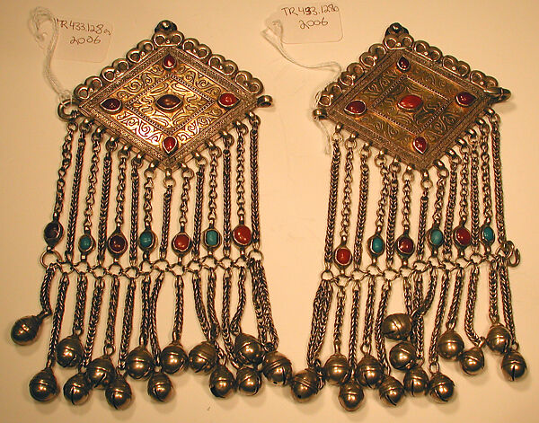 Lozenge-Shaped Pectoral Ornament, One of a Pair, Silver, carnelian