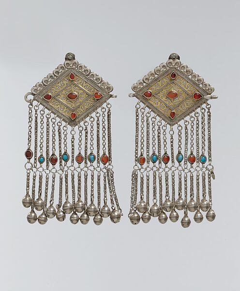 Lozenge-Shaped Pectoral Ornament, One of a Pair, Silver, carnelian 