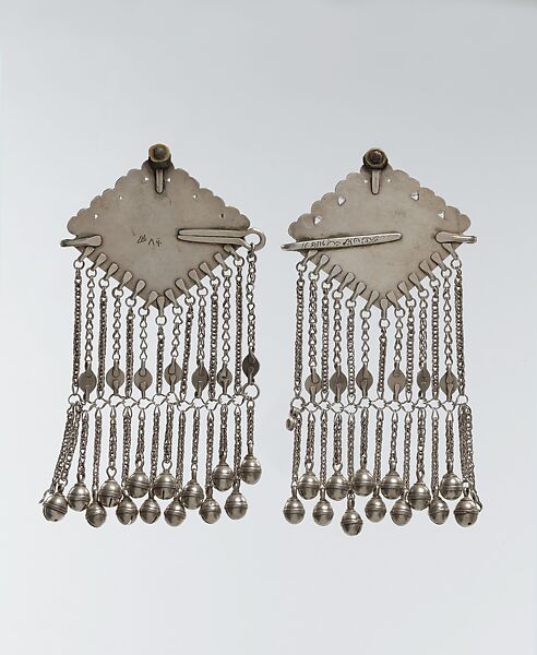 Lozenge-Shaped Pectoral Ornament, One of a Pair, Silver, carnelian