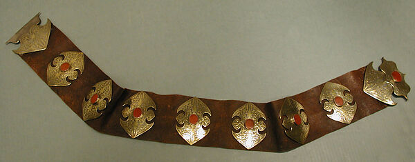 Man's Belt, Silve; fire-gilded and chased, with table-cut carnelians; mounted on leather