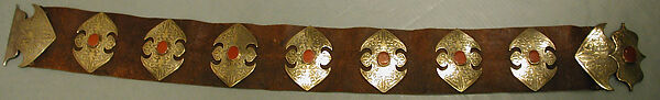 Man's Belt, Silve; fire-gilded and chased, with table-cut carnelians; mounted on leather