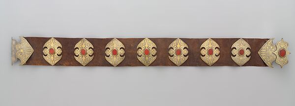Man's Belt, Silve; fire-gilded and chased, with table-cut carnelians; mounted on leather