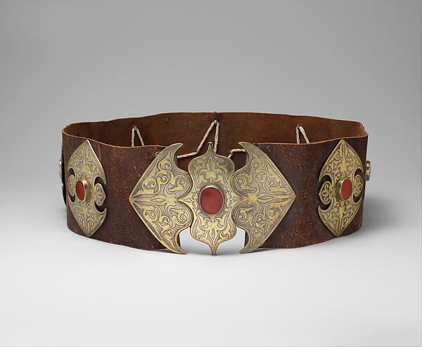 Man's Belt, Silve; fire-gilded and chased, with table-cut carnelians; mounted on leather 