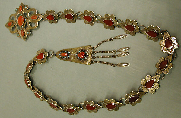 Ornamental Elements Assembled as a Belt, Silver; fire-gilded and chased, with openwork, wire links, pendants, table-cut carnelians, and glass and turquoise beads