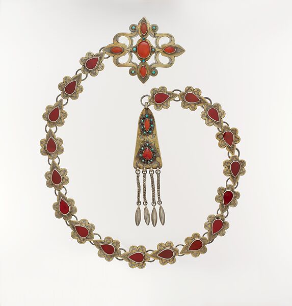 Ornamental Elements Assembled as a Belt, Silver; fire-gilded and chased, with openwork, wire links, pendants, table-cut carnelians, and glass and turquoise beads