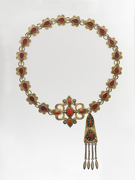 Ornamental Elements Assembled as a Belt, Silver; fire-gilded and chased, with openwork, wire links, pendants, table-cut carnelians, and glass and turquoise beads 