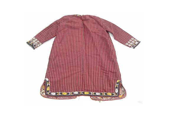 Coat, Silk; decorated with circular discs and lozenge-shaped clasps, edging, and floral Russian printed cotton and synthetic fabric lining