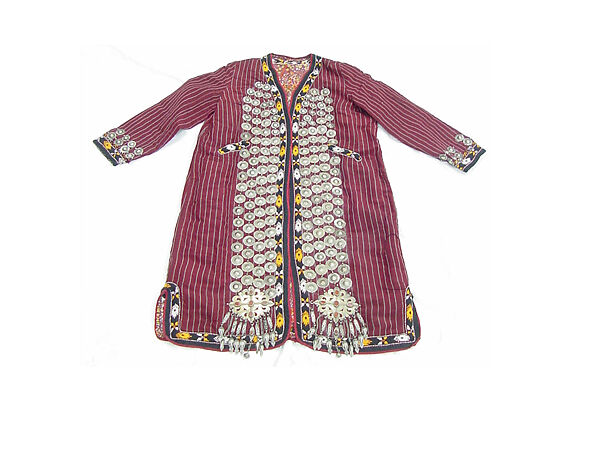 Coat, Silk; decorated with circular discs and lozenge-shaped clasps, edging, and floral Russian printed cotton and synthetic fabric lining