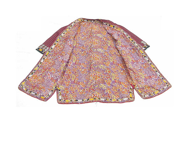 Coat, Silk; decorated with circular discs and lozenge-shaped clasps, edging, and floral Russian printed cotton and synthetic fabric lining