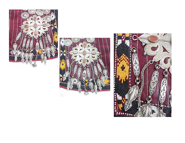 Coat, Silk; decorated with circular discs and lozenge-shaped clasps, edging, and floral Russian printed cotton and synthetic fabric lining