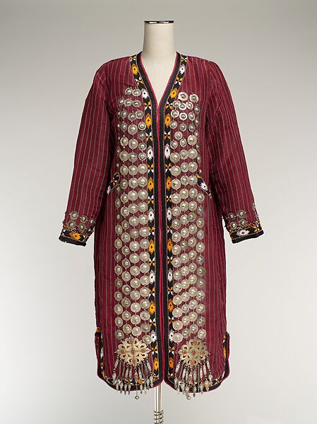 Coat, Silk; decorated with circular discs and lozenge-shaped clasps, edging, and floral Russian printed cotton and synthetic fabric lining 