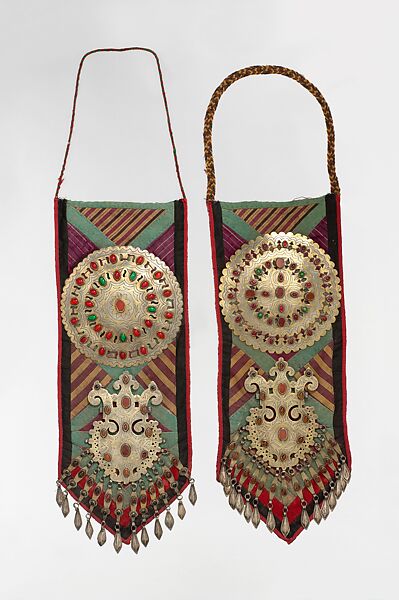 Clothing Panel, One of a Pair, Felted cotton piecework and block-printed cotton decorated with silver ornaments, fire-gilded and chased, with table-cut carnelians, synthetic and glass stones, and embossed pendants 