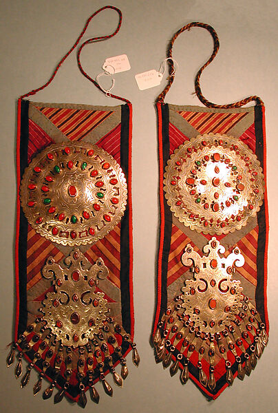 Clothing Panel, One of a Pair, Silver, fire-gilded with engraving/punching, table cut carnelians, glass stones; mounted on felted cotton piecework and block printed cotton fabric