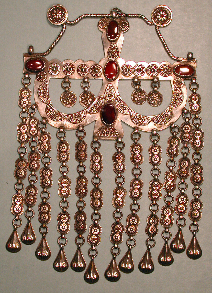 Pectoral Ornament (?), Silver, with applied decoration, twisted wire, connecting links and embossed pendants, and table-cut carnelians