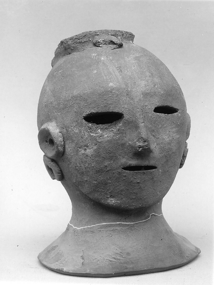 Head of a Female Haniwa Figure with Headdress and Earrings, Earthenware with applied decoration, Japan 