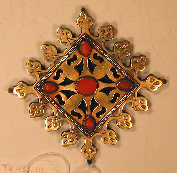 Pectoral Ornament, Silver; fire gilded, with decorative wire, and table cut and carbochon carnelians