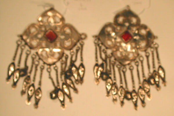 Pectoral Ornament, One of a Pair, Silver; fire-gilded with openwork, wire chains, embossed pendants, bells, and table-cut carnelians.