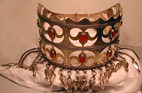 Crown, Silver; fire-gilded and chased, with openwork, table-cut carnelians, wire chains, and embossed pendants
