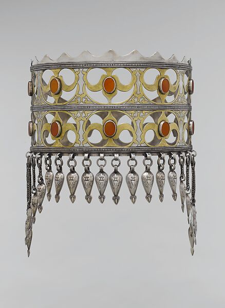 Crown, Silver; fire-gilded and chased, with openwork, table-cut carnelians, wire chains, and embossed pendants 