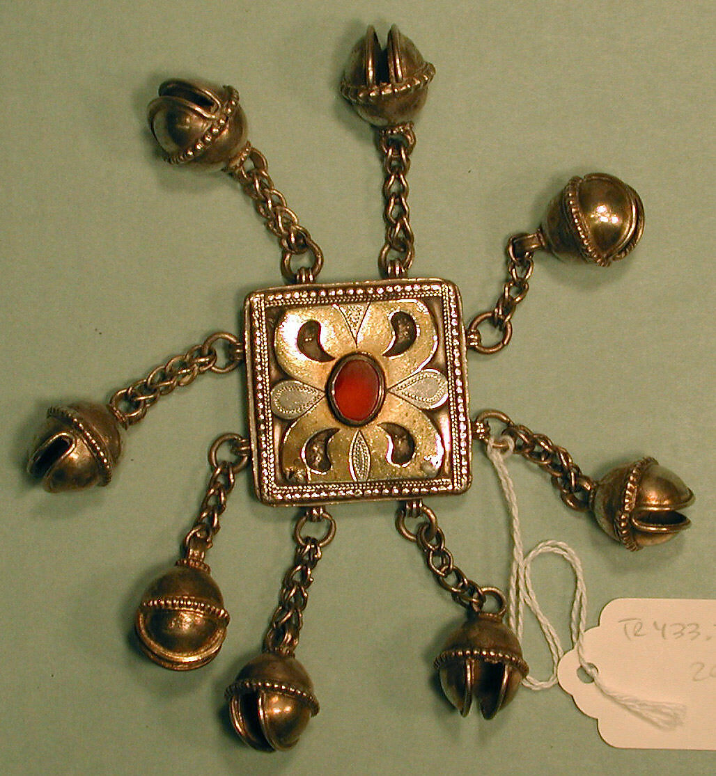 Amulet for Boy's Cap, Silver; fire-gilded and chased, with decorative wire, openwork, loop-in-loop chains, bells, and table-cut carnelian