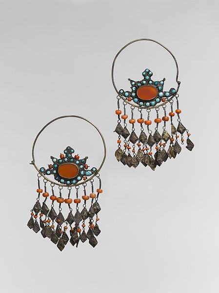 Earring, One of a Pair, Silver; fire-gilded with carnelians and turquoises, coral beads, wire, and embossed pendants 