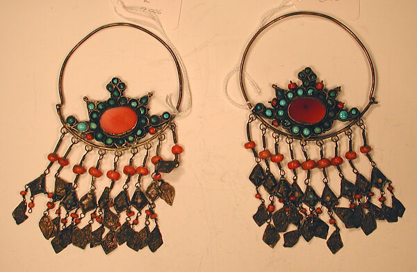 Earring, One of a Pair, Silver; fire-gilded with carnelians and turquoises, coral beads, wire, and embossed pendants. 