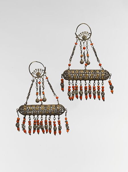 Earring, One of a Pair, Silver filigree with applied silver gilt plaques, silver bells, and coral beads 