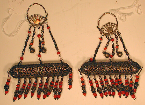 Earring, One of a Pair, Silver filigree with applied silver gilt plaques, silver bells, and coral beads
