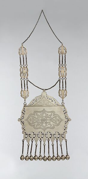 Amulet Holder, Silver; fire gilded with openwork and engraving/punching decoration and table cut carnelians and twisted silver wire chains