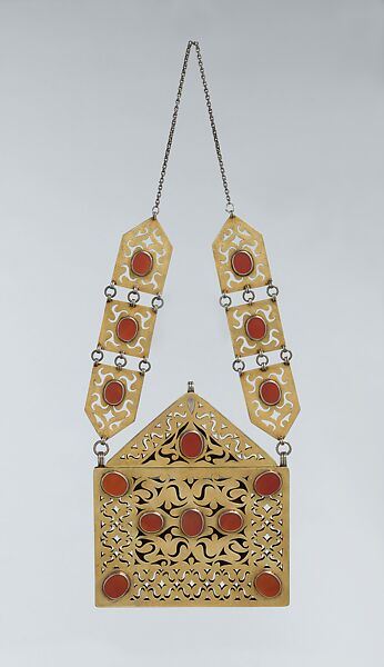Amulet Holder, Silver; fire-gilded with openwork and table-cut carnelians 