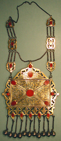 Amulet Holder, Silver; fire gilded, with openwork and table cut carnelians