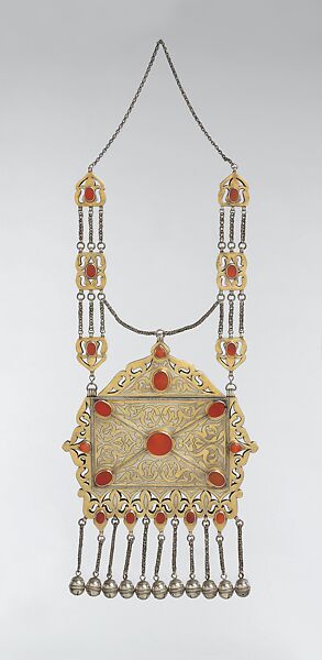 Amulet Holder, Silver; fire gilded, with openwork and table cut carnelians 