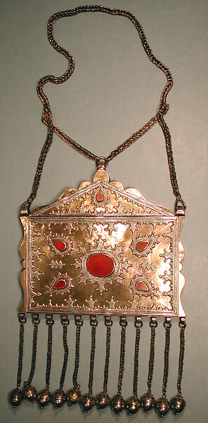Amulet Holder, Silver, fire-gilded and chased, silver shot, chains, bells, and table-cut carnelians
