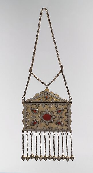 Amulet Holder, Silver, fire-gilded and chased, silver shot, chains, bells, and table-cut carnelians 