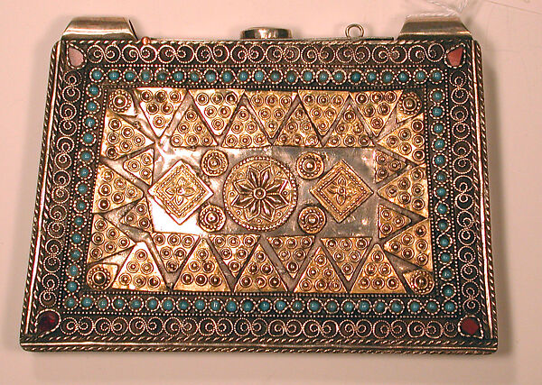 Amulet Holder, Silver; fire-gilded with filigree, decorative wire, gilt applied decoration, glass stones, and turquoise beads