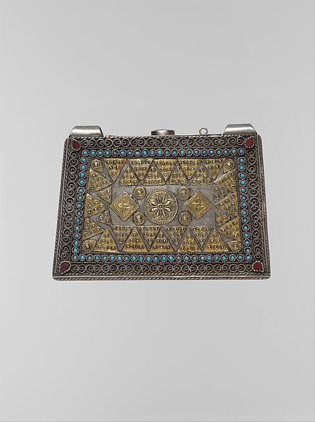 Amulet Holder, Silver; fire-gilded with filigree, decorative wire, gilt applied decoration, glass stones, and turquoise beads 