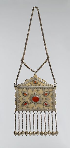 Amulet Holder, Silver; fire-gilded with filigree, decorative wire, gilt applied decoration, glass stones, and turquoise beads